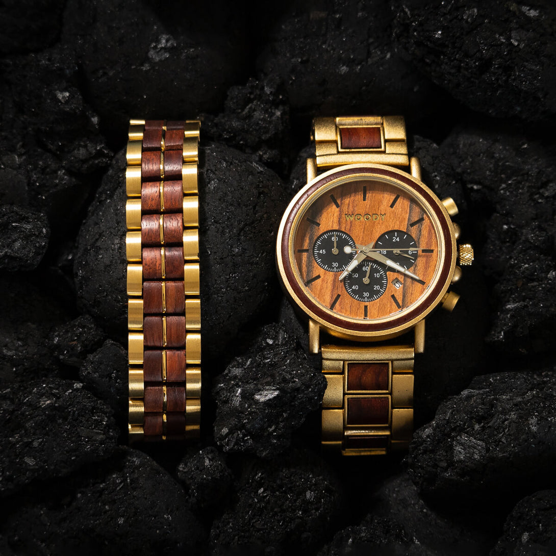 Armband+horloge set voor mannen hout